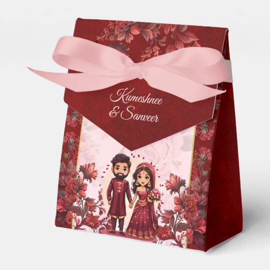 Maroon Indiase bruiloft schattig bruidspaar gedruk Bedankdoosjes (Voorkant Zijde)