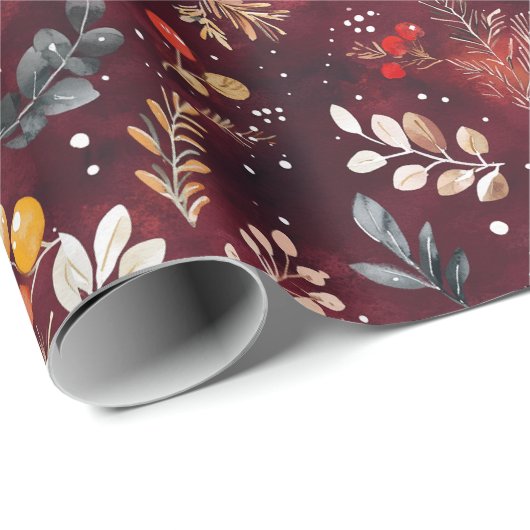 MAROON KERST FEESTELIJKE DECORATIE VEER BLOEMIG CADEAUPAPIER (Rol Hoek)