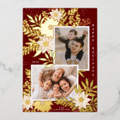 Maroon Kerstmis Poinsettia Foto Collage Goud Folie Feestdagenkaart (Voorkant)