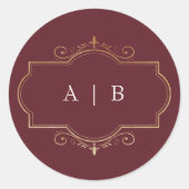 maroon klassieke goudmonogram bruiloft van burgund ronde sticker (Voorkant)