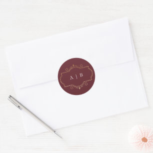 maroon klassieke goudmonogram bruiloft van burgund ronde sticker