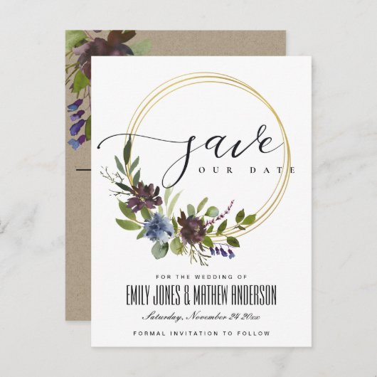 MAROON KRAFT BLOOM FOLIAGE WREATH BEWAREN DE DATUM AANKONDIGINGSKAART (Voorkant / Achterkant)