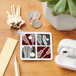 Maroon Lacrosse Blokken van Stokken en Ballen Sleutelhanger