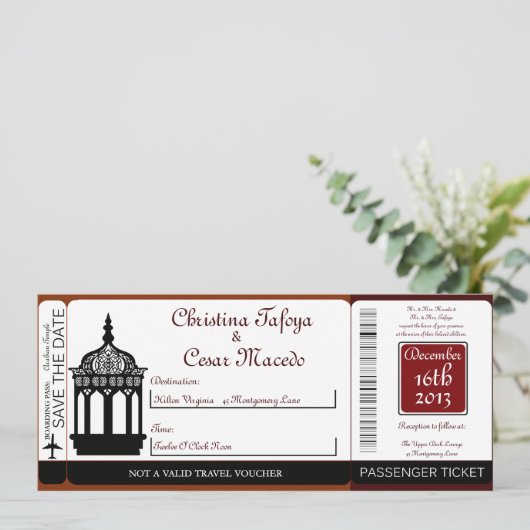 Maroon Lantern Boarding Pass Wedding Invitation Kaart (Staand voorkant)