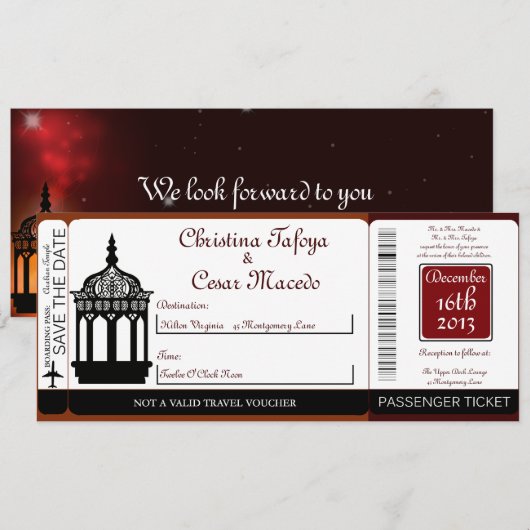 Maroon Lantern Boarding Pass Wedding Invitation Kaart (Voorkant / Achterkant)