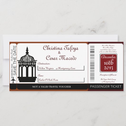 Maroon Lantern Boarding Pass Wedding Invitation Kaart (Voorkant)