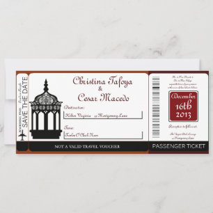 Maroon Lantern Boarding Pass Wedding Invitation Kaart