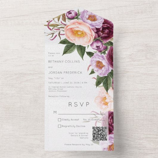  maroon Lavender & Peach Peonies QR Code All In One Uitnodiging (Binnen)