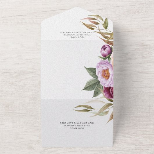 maroon Lavender & Peach Peonies QR Code All In One Uitnodiging (Buitenkant)