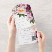  maroon Lavender & Peach Peonies QR Code All In One Uitnodiging (Afscheurbaar)