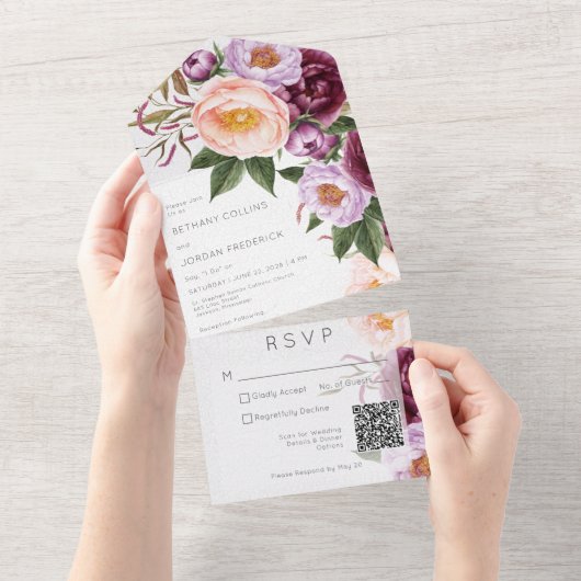  maroon Lavender & Peach Peonies QR Code All In One Uitnodiging (Afscheurbaar)