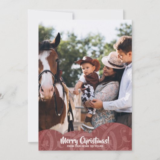 Maroon Linen Filigree Foto met kerstfeestdag Kaart (Voorkant)