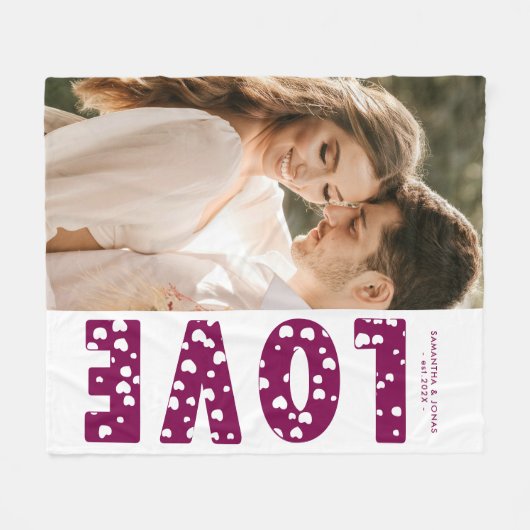 Maroon Love Hearts Couples Foto Valentijns Fleece Deken (Voorkant (Horizontaal))