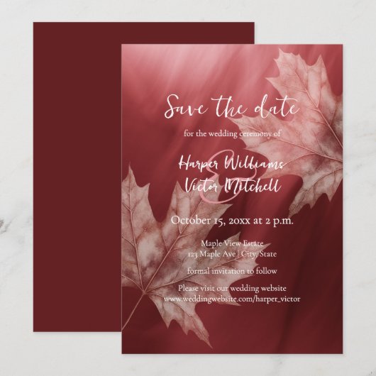 Maroon Maple Leaves Fall Wedding Save The Date (Voorkant / Achterkant)