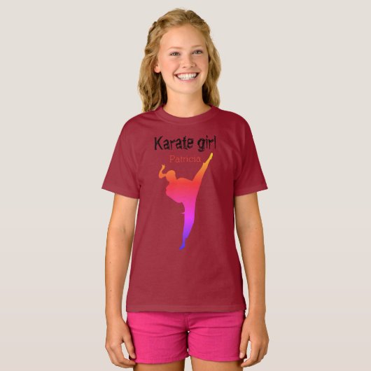 Maroon Martial Arts Karate Girl Silhouette Modern T-shirt (Voorkant volledig)