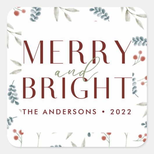 Maroon Merry Bright Kerstmis Botanische Familie Vierkante Sticker (Voorkant)