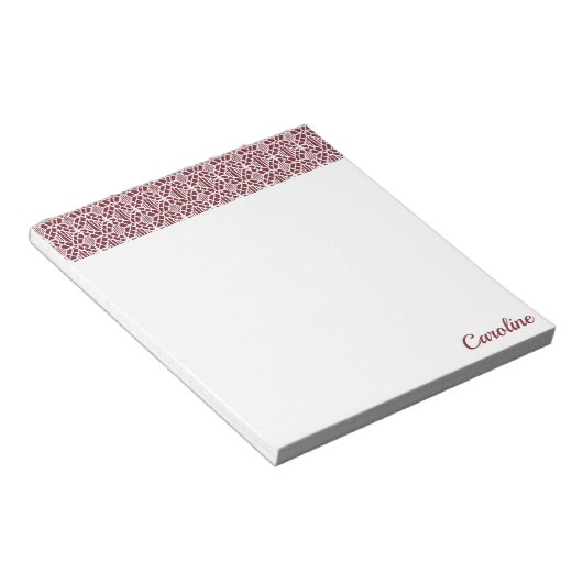 Maroon met wit haakpatroon notitieblok (Schuin)