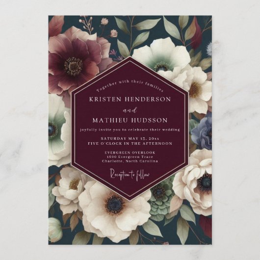 Maroon Midnight Floral Wedding Kaart (Voorkant)
