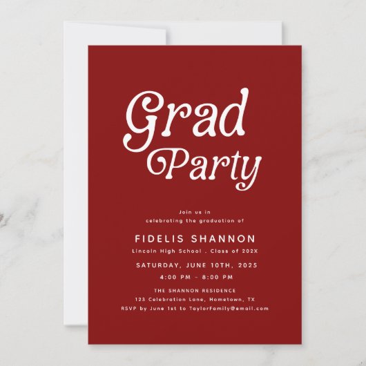 Maroon Minimal Retro Graduation Invitation Kaart (Voorkant)