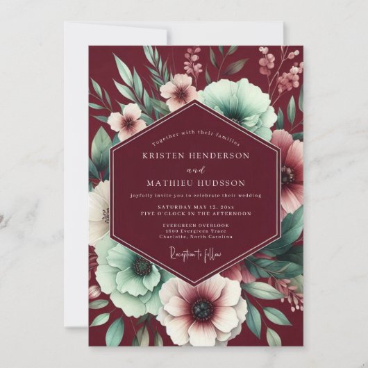 Maroon Mint Poetic Bloom Wedding Kaart (Voorkant)