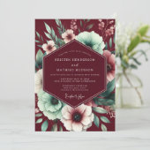 Maroon Mint Poetic Bloom Wedding Kaart (Staand voorkant)