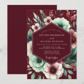 Maroon Mint Poetic Bloom Wedding Kaart (Voorkant / Achterkant)