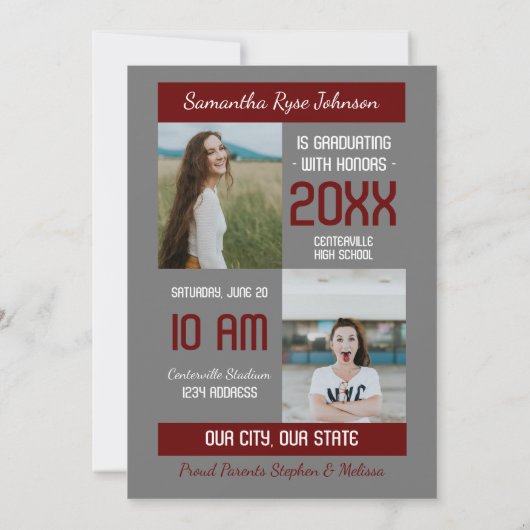 Maroon Modern Block 3-Foto Afstuderen Kaart (Achterkant)