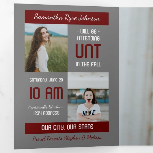 Maroon Modern Block 5-Photo Afstuderen Drieluik Uitnodiging (Binnenzijde eerst)