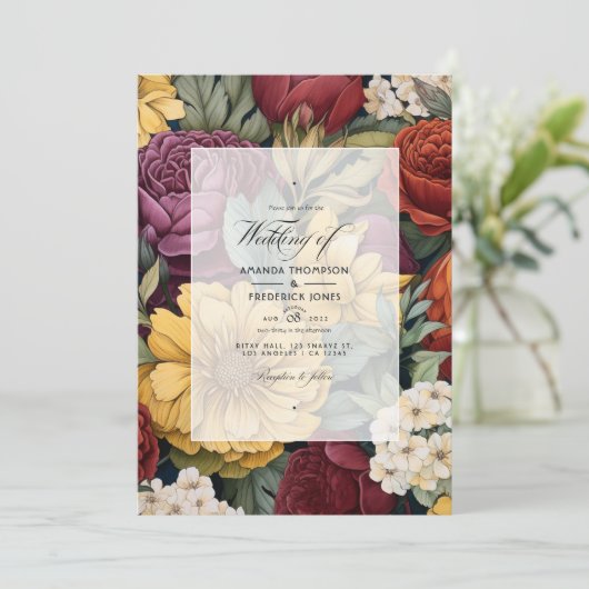 Maroon, mosterdgeel en olijfgroene bruiloft kaart (Staand voorkant)