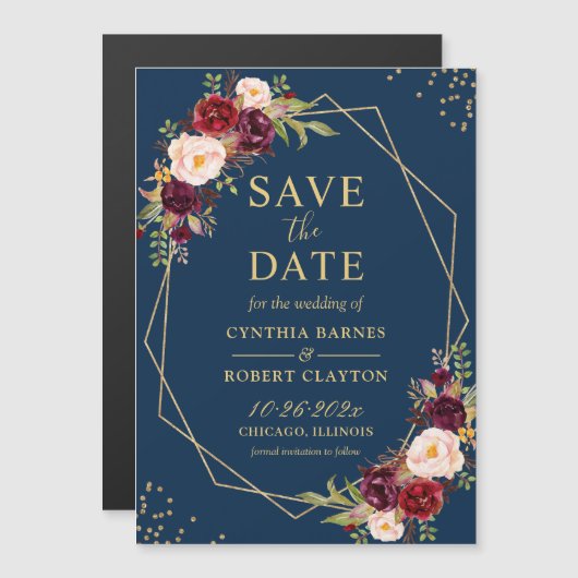 Maroon Navy Floral Geometric Save the Date Magnet (Voorkant / Achterkant)