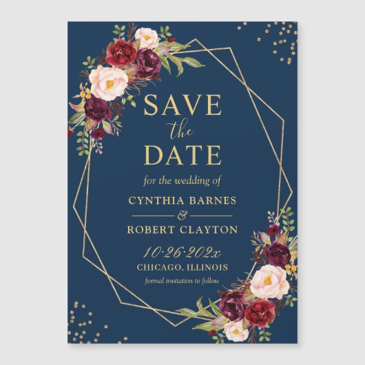 Maroon Navy Floral Geometric Save the Date Magnet (Voorkant)