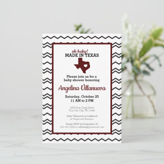 Maroon Oh Baby! Chevron Made in Texas Shower Kaart (Staand voorkant)