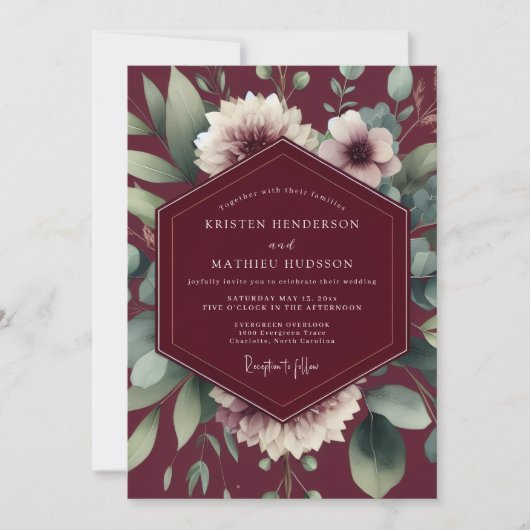 Maroon Painterly Flora Wedding Kaart (Voorkant)