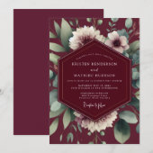 Maroon Painterly Flora Wedding Kaart (Voorkant / Achterkant)