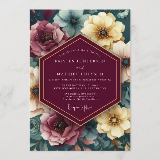 Maroon Painterly Floral Wedding Kaart (Voorkant)