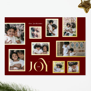 Maroon Photo GOLD Lijsten Collage Modern JOY Folie Feestdagenkaart
