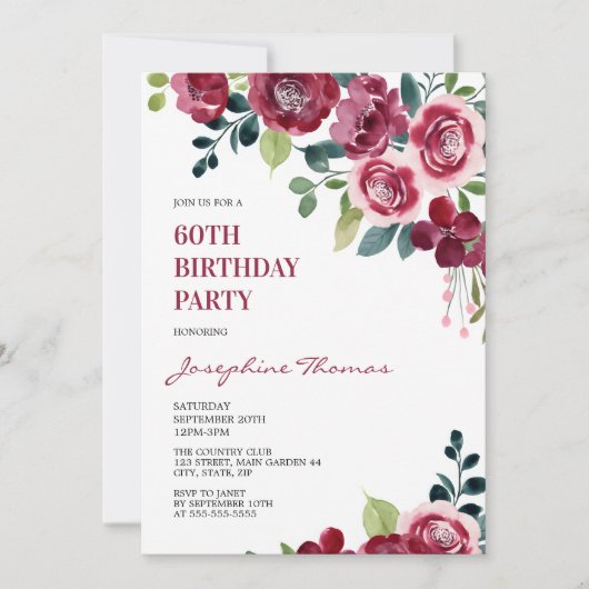 Maroon Pink Rose Floral Greenery Birthday Kaart (Voorkant)