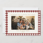 Maroon Plaid Custom Photo Christmas Holiday Kaart (Voorkant)