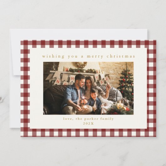Maroon Plaid Custom Photo Christmas Holiday Kaart (Voorkant)