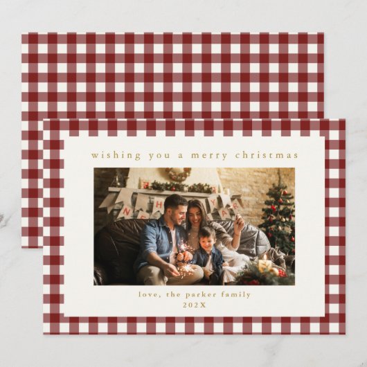 Maroon Plaid Custom Photo Christmas Holiday Kaart (Voorkant / Achterkant)