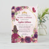 Maroon Plum Red Gold Floral Princess Quinceañera Kaart (Staand voorkant)