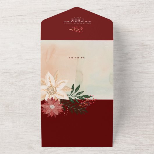 Maroon Poinsettia Fotocollage Vrolijk Kerstfeest All In One Uitnodiging (Buitenkant)