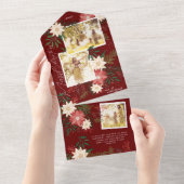 Maroon Poinsettia Fotocollage Vrolijk Kerstfeest All In One Uitnodiging (Afscheurbaar)