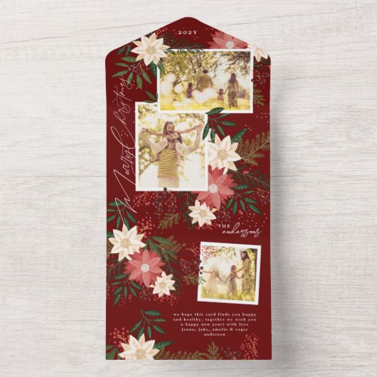 Maroon Poinsettia Fotocollage Vrolijk Kerstfeest All In One Uitnodiging (Binnen)