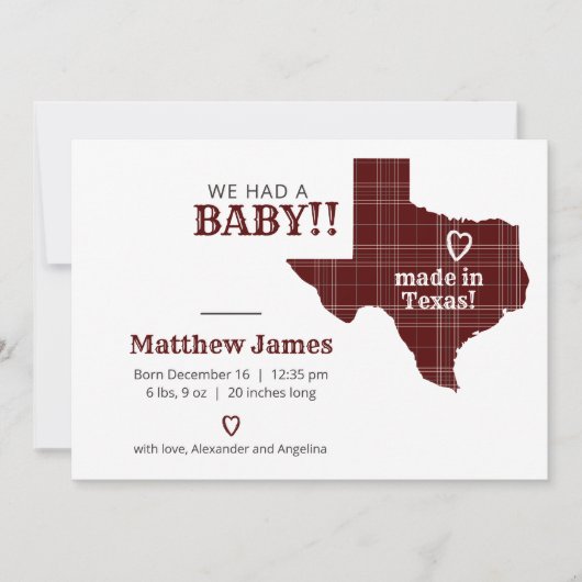 Maroon Pset gemaakt in Texas Horizontale Foto Aankondiging (Voorkant)