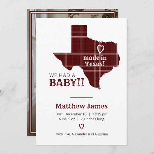 Maroon Pset gemaakt in Texas - verticale foto Aankondiging (Voorkant / Achterkant)