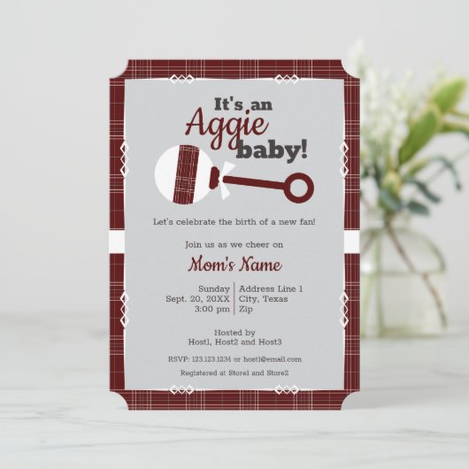 Maroon Pset Rattle Aggie Baby shower Kaart (Staand voorkant)