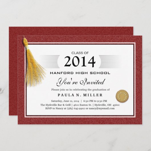 Maroon Red Border Diploma Afstuderen & Gold Tassel Kaart (Voorkant / Achterkant)