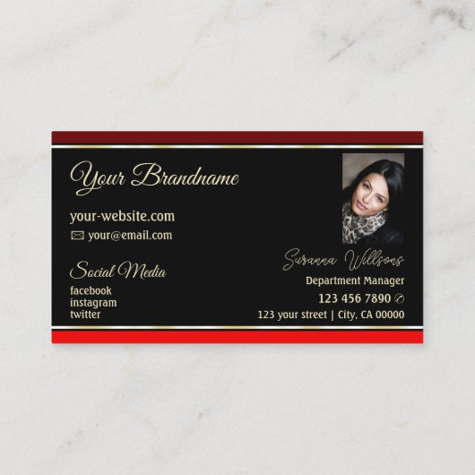 Maroon Red Borders op zwart met Logo en foto Visitekaartje (Achterkant)