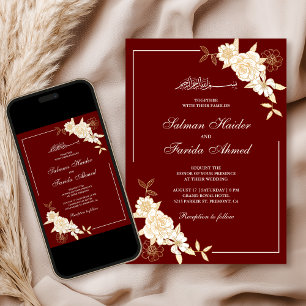 Maroon Red Cream Floral Branch Moslim bruiloft Kaart